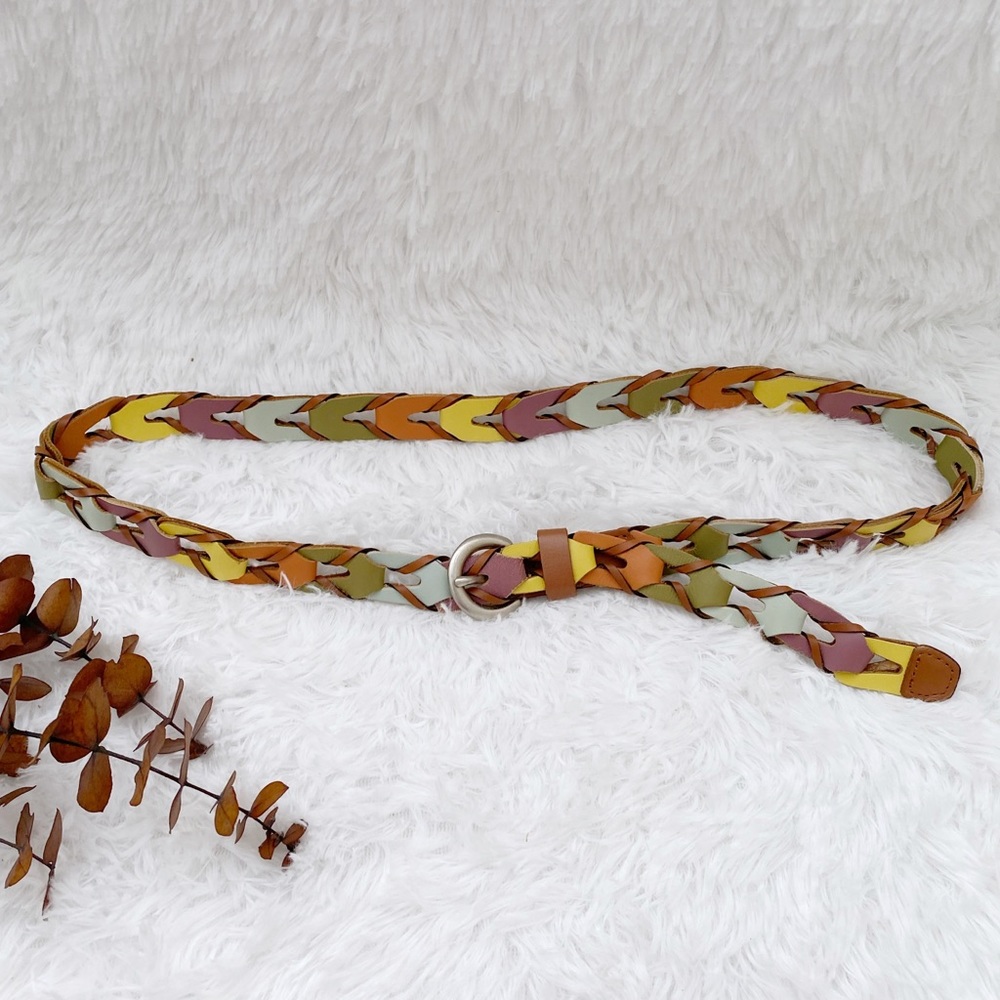 Genuine Leather Skinny Multicolored Weaved Linked Belt Size L